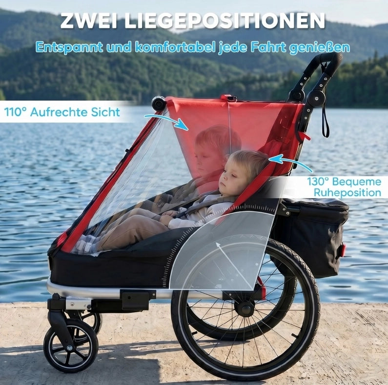 Rimorchio bici 2 in 1 per 2 bambini rosso