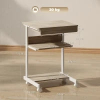 Scrivania PC con Cassetto Scorrevole, 2 Ripiani e 4 Rotelle, in Legno e Metallo, 56x51x79 cm, Bianco e Rovere
