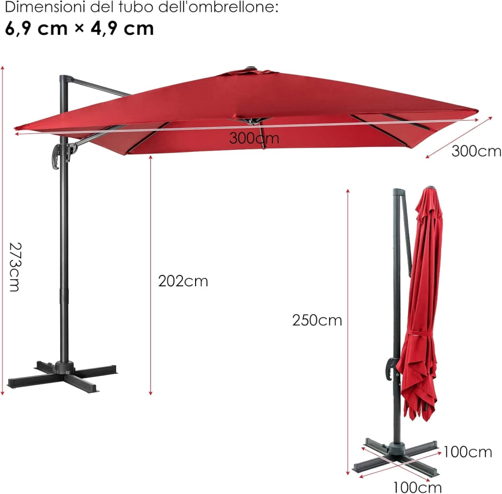 Ombrellone da Giardino, 300 x 300 cm, Ombrellone da Esterno con 3 Inclinazioni, Rotazione a 360°, Manovella, 8 Stecche, Base Incrociata (Vinaccia)
