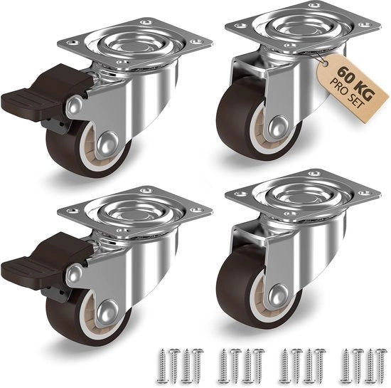Set di 4 ruote per mobili 25 mm - - Ruote pieghevoli con freno fino a 15 kg per ruota - - Piccole ruote in gomma per uso interno - - Rotolamento silenzioso e vloervriendel - - Ruote di trasporto per molti tipi di pavimento