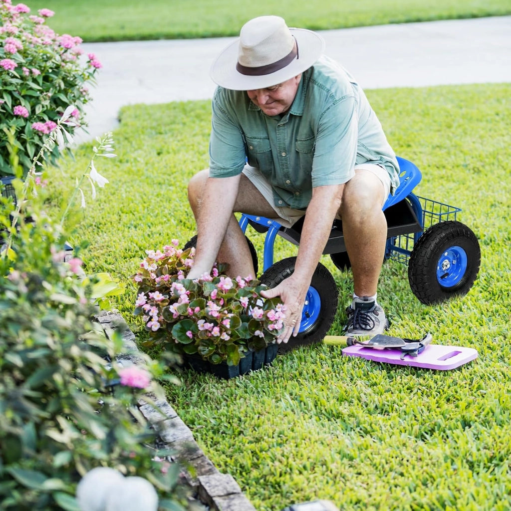 Sgabello da Giardino, Sgabello per Giardinaggio con Ruote, Sedile Regolabile in Altezza e Girevole a 360°, Cestello e Vassoio, Carrello per Prato e Giardino, Portata 150 kg (Blu)