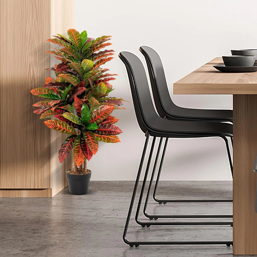 Pianta Artificiale di Croton 100 CM, Albero di Croton Finto con Foglie Variopinte, Tronco Naturale in Legno, Pianta Finta Realistica per Ufficio e Casa