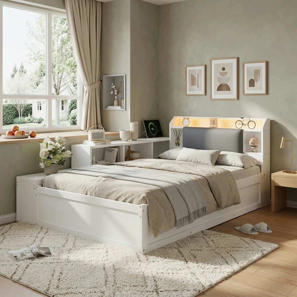 Letto contenitore 120x200 cm con apertura idraulica reversibile; testiera imbottita con vani; LED e USB; legno bianco