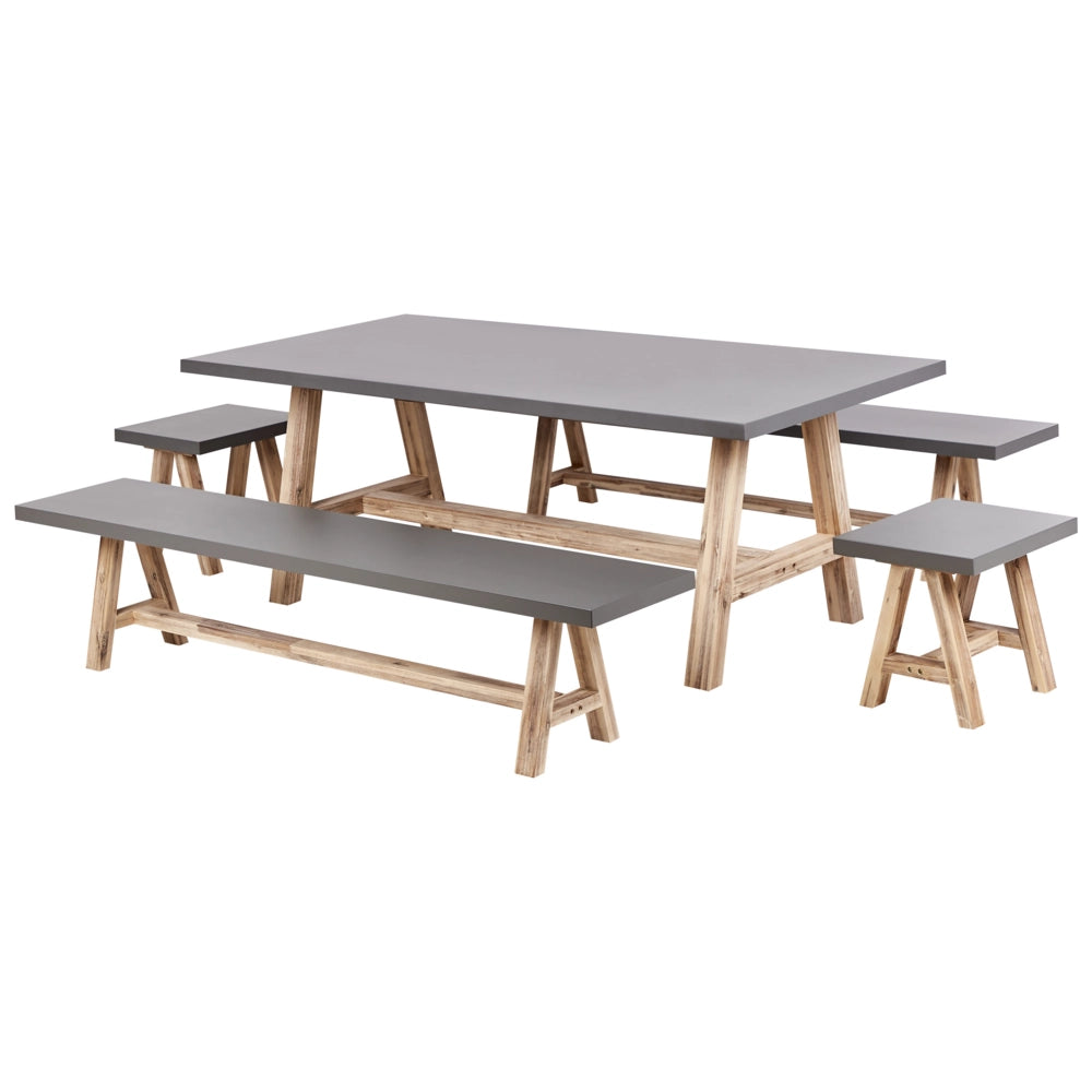Set da pranzo da giardino tavolo da pranzo in fibra di cemento e legno d'acacia con sgabelli e panche 8 posti Grigio stile industriale