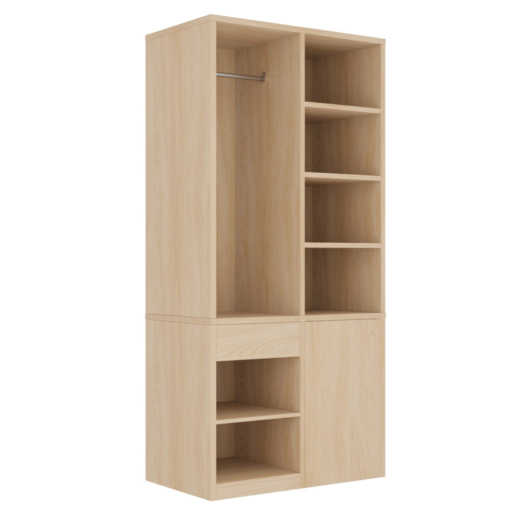 Armadio guardaroba 70x50x170 cm con appendiabiti; ripiani aperti e cassetti in MDF e compensato
