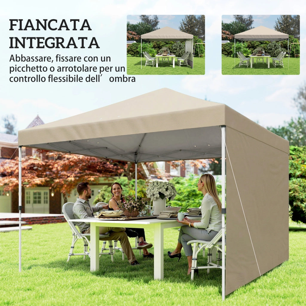 Gazebo Pieghevole Pop-Up 3x3 m con Parete Laterale, in Metallo e Tessuto Oxford, Beige