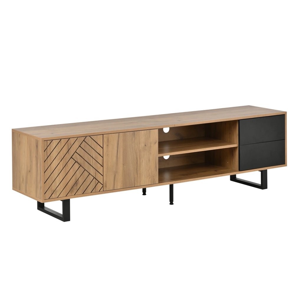 Mobile TV moderno 180x40x50 cm in truciolare effetto legno naturale e nero; per TV fino a 75 pollici