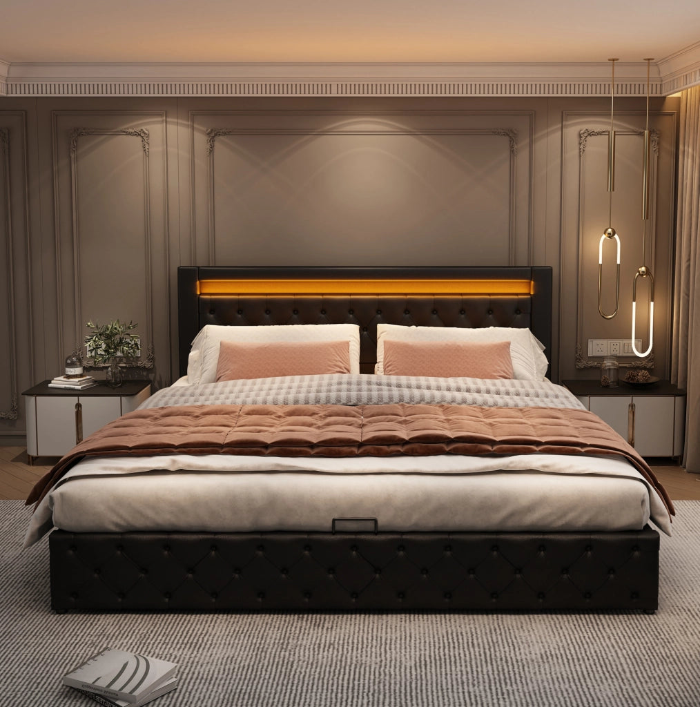 Letto imbottito 140x200 cm con contenitore e LED; in PU nero