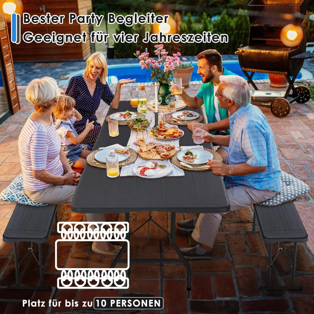 Set Tenda da Birra da 3 Pezzi 180cm, 1 Tavolo e 2 Panche Pieghevoli, Set di Mobili da Giardino in Plastica HDPE, Set Birreria con Manico di Trasporto, per Campeggio Picnic Esterno, Ottica in Legno