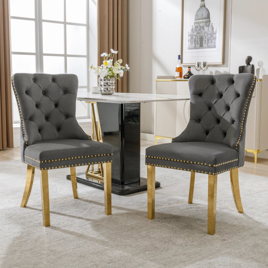 Sedia da pranzo imbottita in velluto grigio con anello decorativo; gambe in acciaio inox dorato; 50;5 x 45 x 95 cm