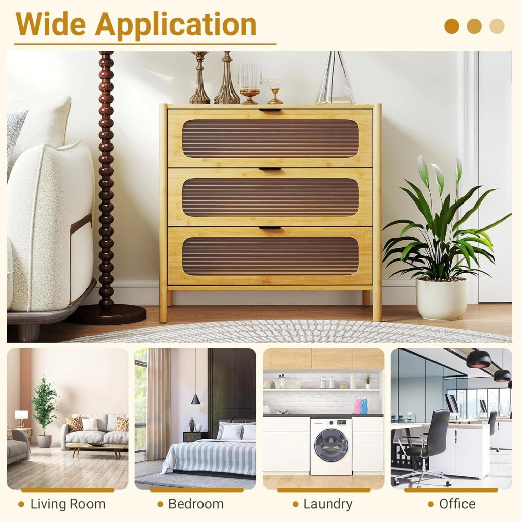 Cassettiera in bambù a 3 cassetti, comodino a 3 livelli con kit antiribaltamento e decorazione in vetro temperato, mobile portaoggetti in legno per camera da letto e soggiorno, naturale