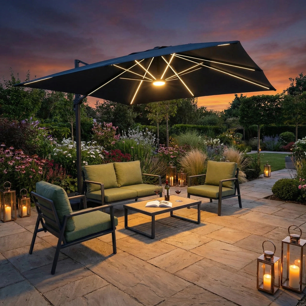 Ombrellone rettangolare da giardino Brez, decentrato (400x300 cm), alluminio e poliestere, LED incluso, apertura antivento con manovella, base inclusa, colore petrolio