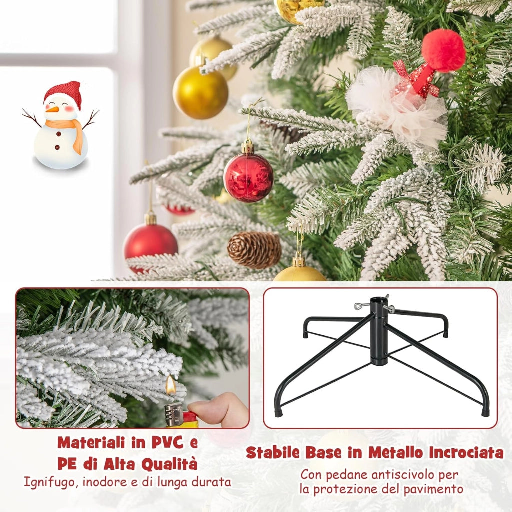 Albero di Natale Artificiale Pre-Luminoso 225 CM, Albero di Natale Innevato con 470 Luci LED Bianche Calde, 1135 Punte, 81 Pigne e Base Metallica (225 CM)