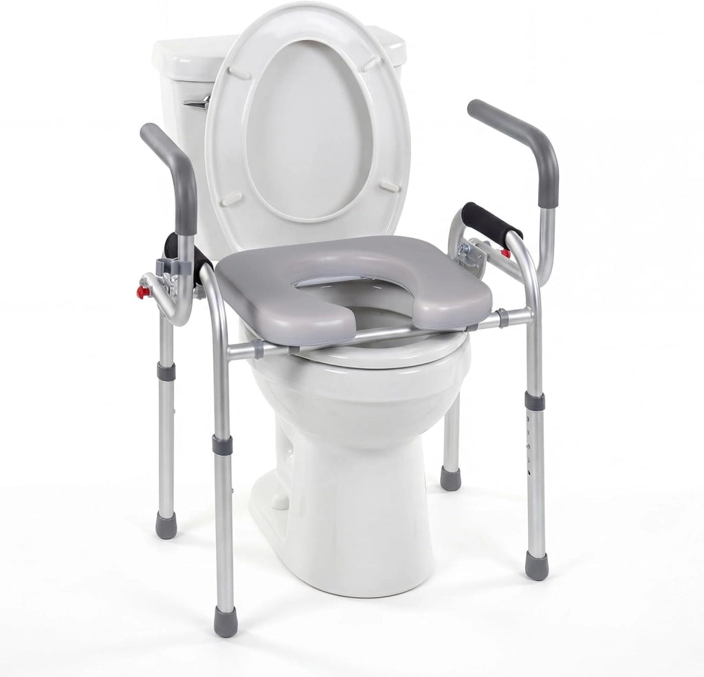 Ringhiera di Sicurezza per WC Portata 136 kg, Barra Bagno con Braccioli Pieghevoli e Supporto Laterale per Doccino, Altezza Regolabile da 49 a 59 cm, Rialzo WC per Anziani e Donne Incinte