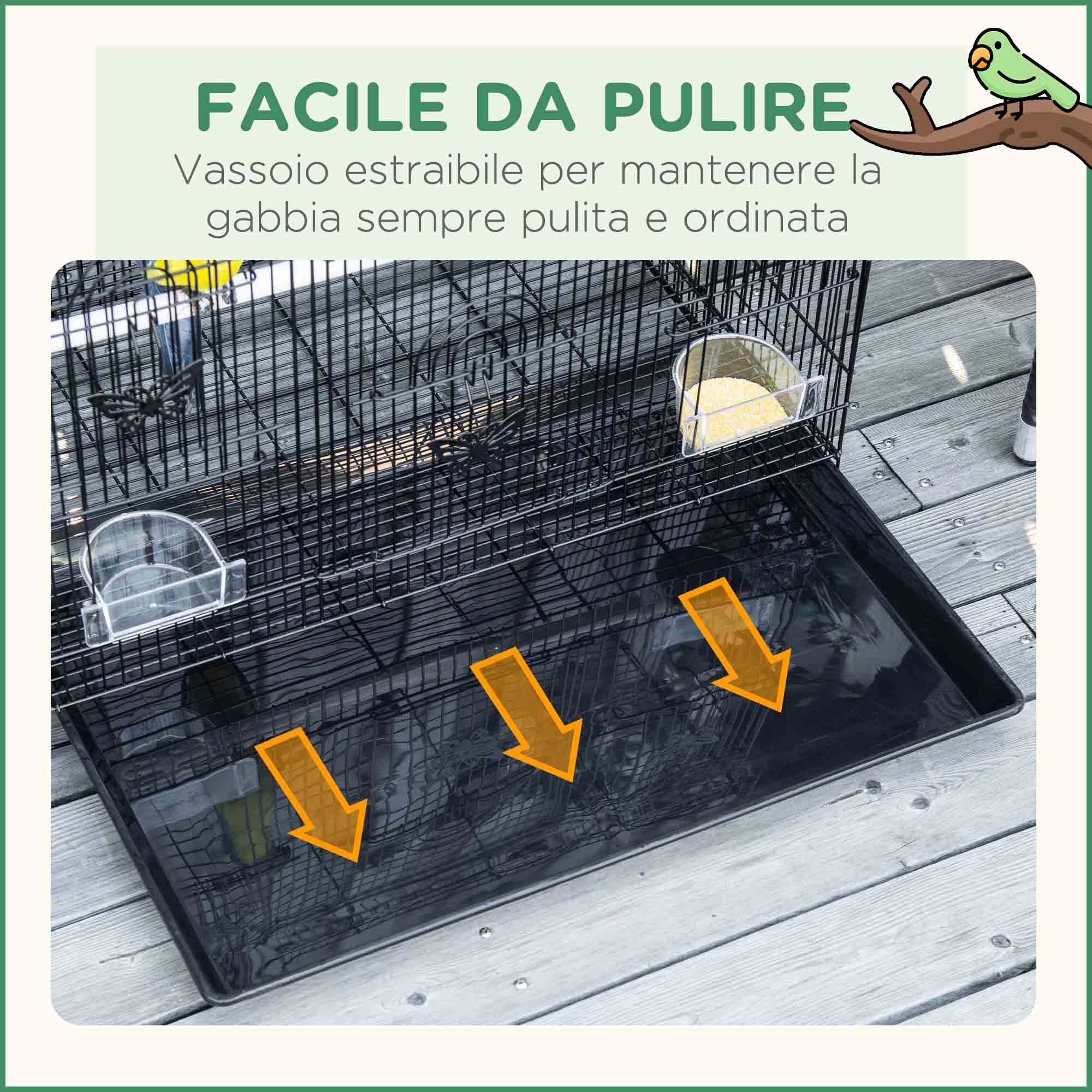 Gabbia per Uccelli 60x41x41 cm con 2 Posatoi e 3 Ingressi in Filo Metallico e Plastica Nero