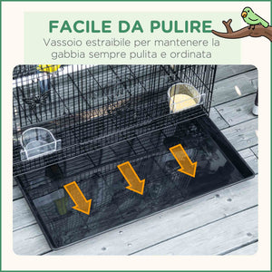 Gabbia per Uccelli 60x41x41 cm con 2 Posatoi e 3 Ingressi in Filo Metallico e Plastica Nero