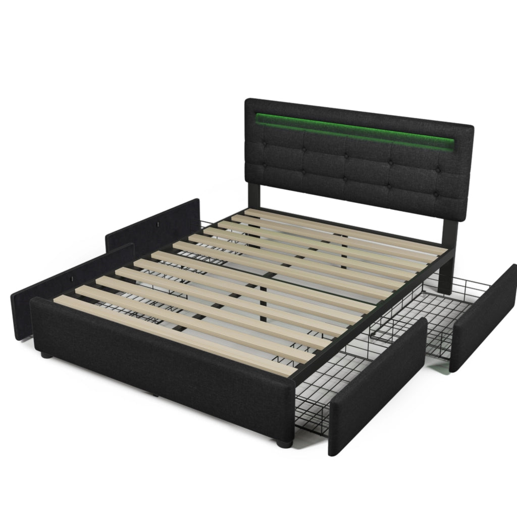 Letto matrimoniale ULEVR 140x200 cm con LED, testiera regolabile e 4 cassetti, nero