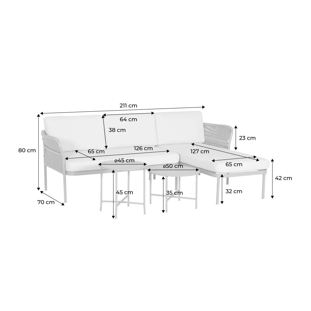 Salotto da giardino angolare in acciaio e corde, 4 posti, beige