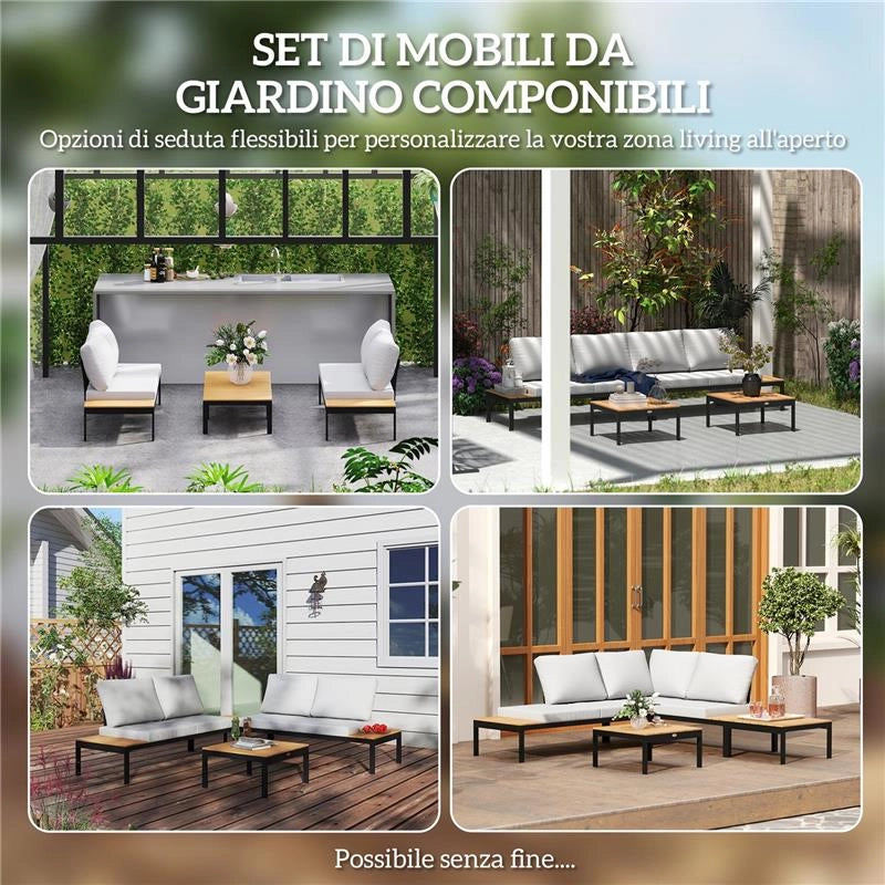 SET DA GIARDINO 4 PEZZI CON 2 DIVANETTI 2 POSTI E 2 TAVOLINI IN METALLO E LEGNO COMPOSITO GRIGIO NERO E TEAK