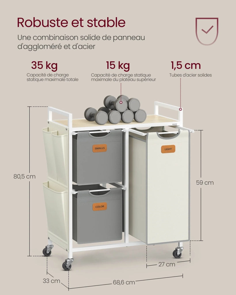 Cesto portabiancheria a 3 scomparti capacità 100 litri cestino con ruote carrello con ripiani borsa tasche laterali 6 etichette beige 2_0006655