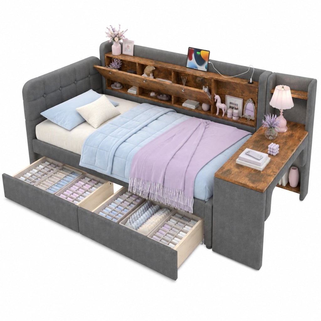 Letto da giorno 90x200 cm con cassetti, scrivania e porte USB