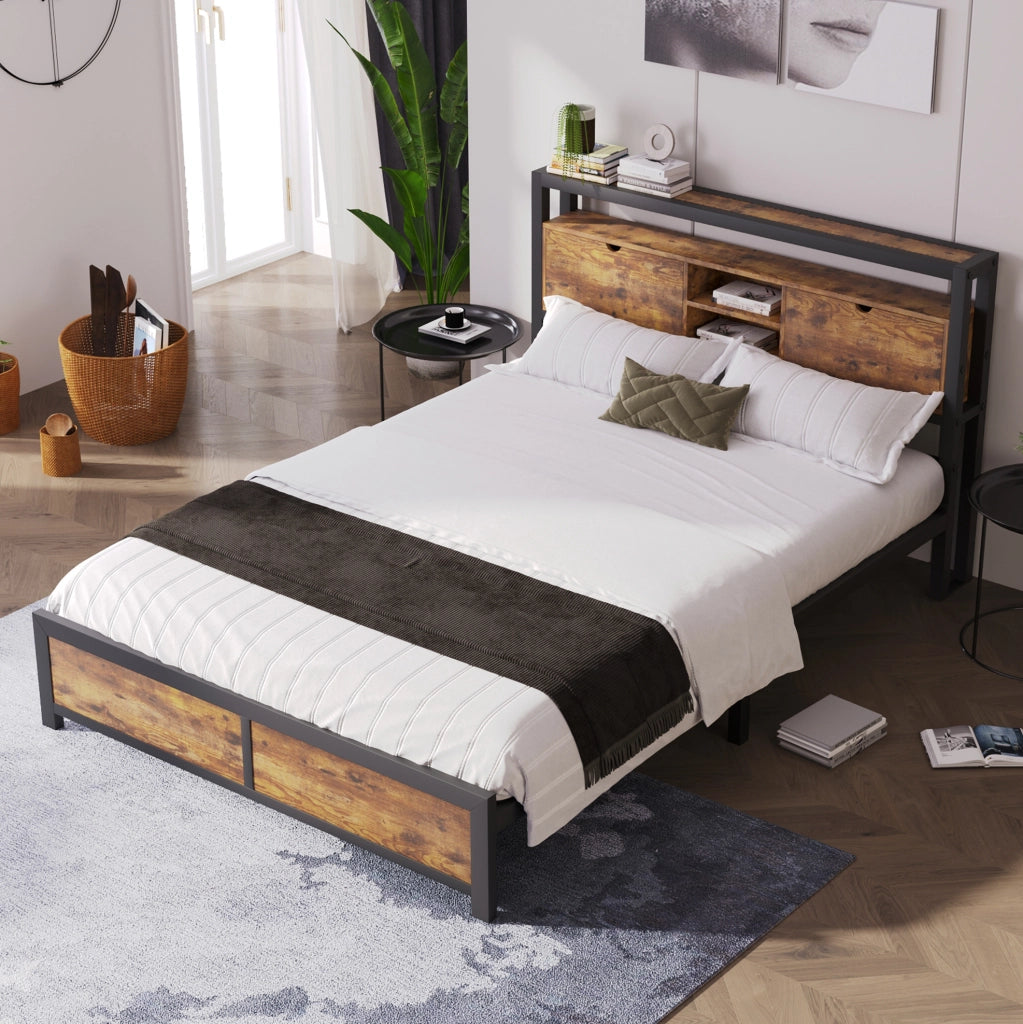 Letto matrimoniale 140x200 cm; testiera contenitore; metallo e MDF; colore naturale (Senza materasso)