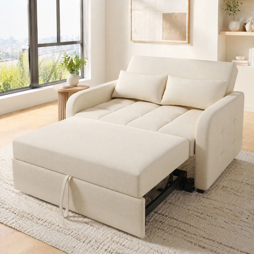 Divano letto pieghevole beige con schienale regolabile e due cuscini per ambienti compatti