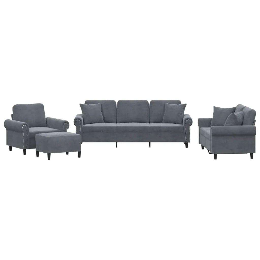 Set di Divani 4 pz con Cuscini Grigio Scuro in Velluto