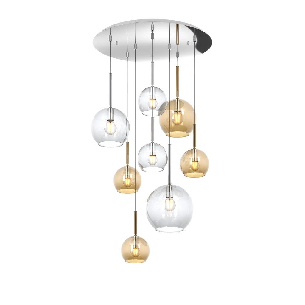 Lampadario Contemporaneo Future Metallo Cromo Vetro Mix Trasp-Ambra 8 Luci E27