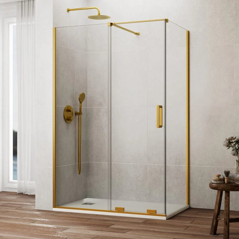 Box doccia angolare KENNA fisso + scorrevole + laterale fisso 130x70 cm (125-130/67-69) oro spazzolato vetro trasparente