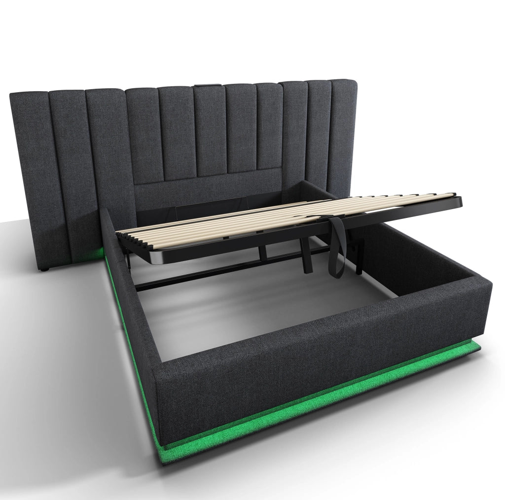Letto matrimoniale 160x200 cm imbottito in lino grigio con LED 360° e porte USB; con contenitore