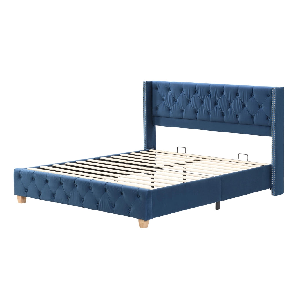 Letto imbottito 160x200 cm; testiera capitonn茅; velluto blu (Senza materasso)