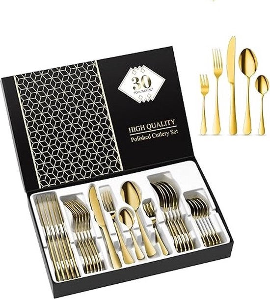 Set di Cucina - Set di Cucina in Oro - Lame in Acciaio Inossidabile Rifinite - 6 Persone - 30 Pezzi - Resistenti al Lavastoviglie - Regalo di Natale - Set di Cucina in Oro - Resistente alle Macchie
