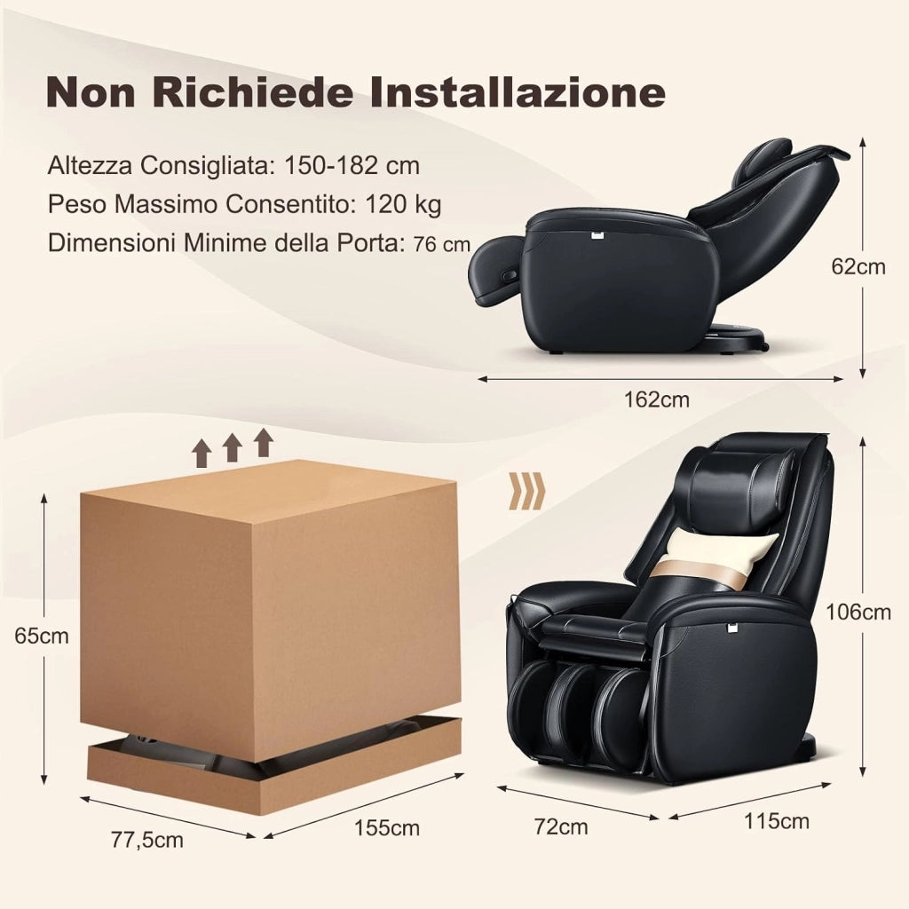 Poltrona Massaggiante Elettrica Shiatsu 8 Modalità, Poltrona Reclinabile con Riscaldatore Schienale, Rilevamento Automatico Spalle, Controllo Remoto, Ruote e Cuscino (Nero)