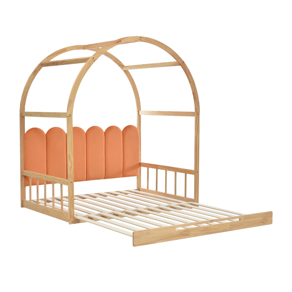 OKWISH Letto estraibile 140×100 cm e 140×200 cm, Letto Singolo a Letto Matrimoniale estensibile, cuscino testiera e sponde, senza Materasso