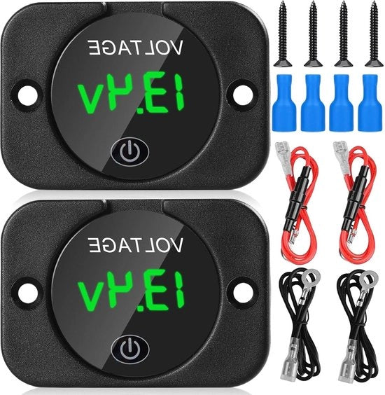 Voltmetro digitale per batterie indicatore 12V 24V 2 pezzi autospanningsmetro accutester con led verde interruttore a tocco - pannello di visualizzazione della tensione batteriamento per auto moto barche.