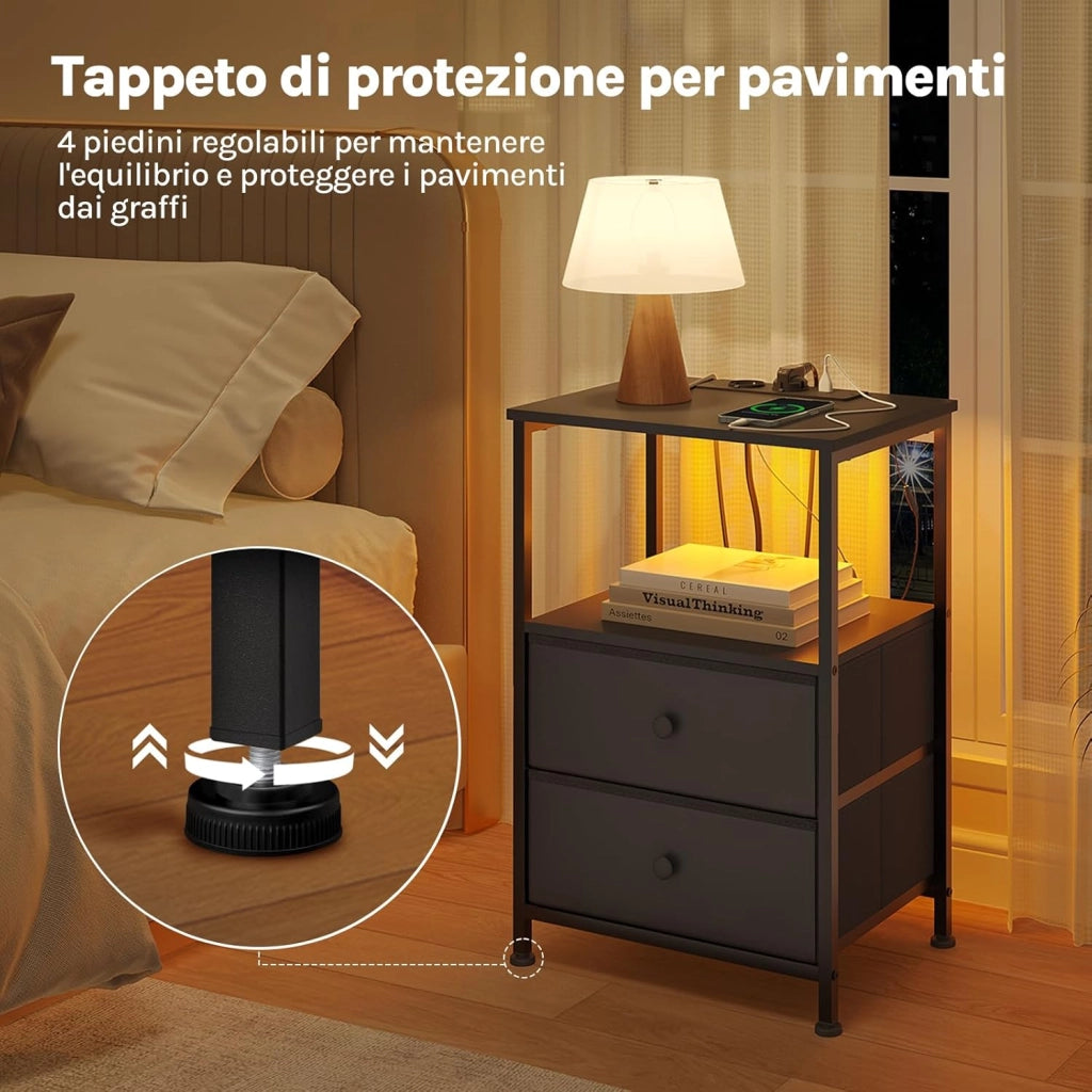 set 2 Comodini con Prese di Corrente, Tavolini con Luce LED, 2 Cassetti in Tessuto e Ripiani Aperti, Comodini Smart Nero, per Soggiorno, Camera da Letto e Ufficio, Metallo + MDF, NTS27sz-2