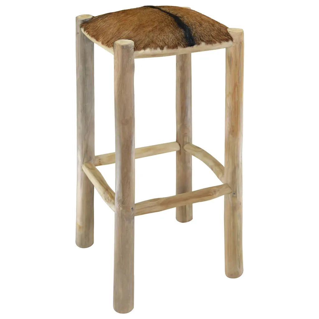 Sgabello da Bar in Pelle di Capra e Legno Massello di Teak 244544
