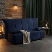 Divano Letto Antal, Divano a 3 posti, Made in Italy, SofÒ  Soggiorno con apertura a carrello con apertura a carrello, in tessuto imbottito, con cuscini inclusi, cm 165x90h85, colore Blu
