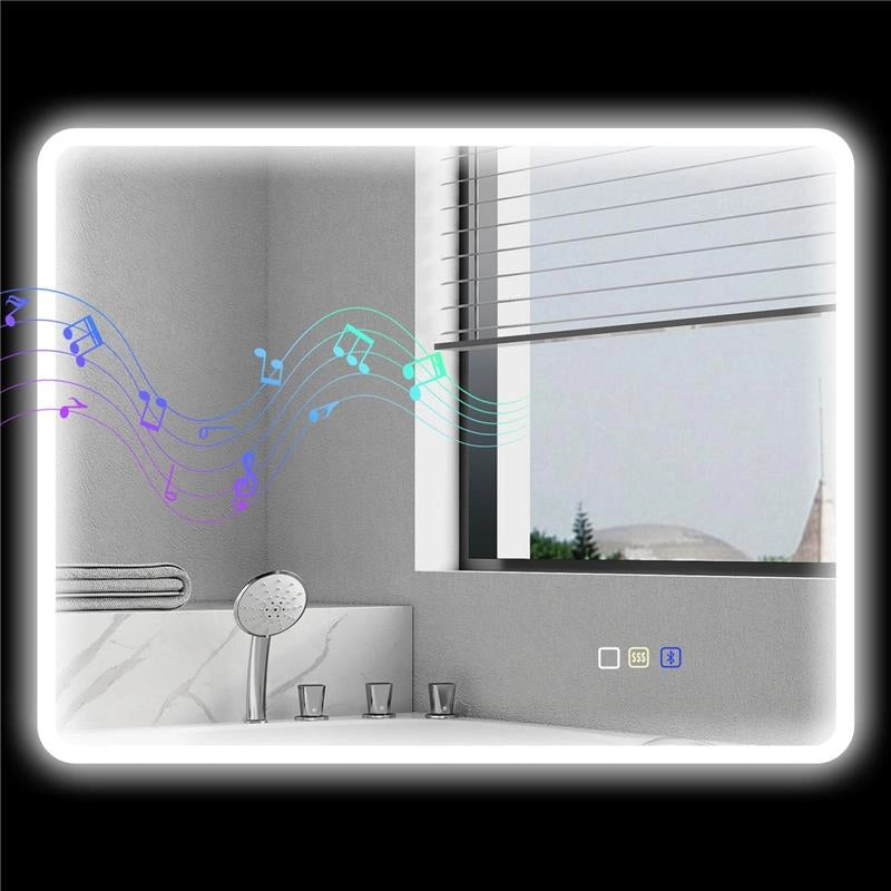 SPECCHIO DA BAGNO LED BLUETOOTH, CON INTERRUTTORE TOUCH, LUCE REGOLABILE, 3 COLORI, ANTI-APPANNAMENTO, 70 X 90 CM, ARGENTO