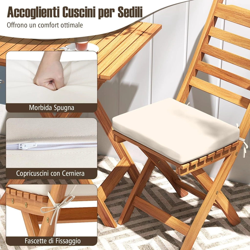 Set Bistro da Esterno in Legno di Acacia, Tavolo e 2 Sedie Pieghevoli con Cuscini, Tavolo Portata 80 kg/Sedia Portata 180 kg (Modello 1)