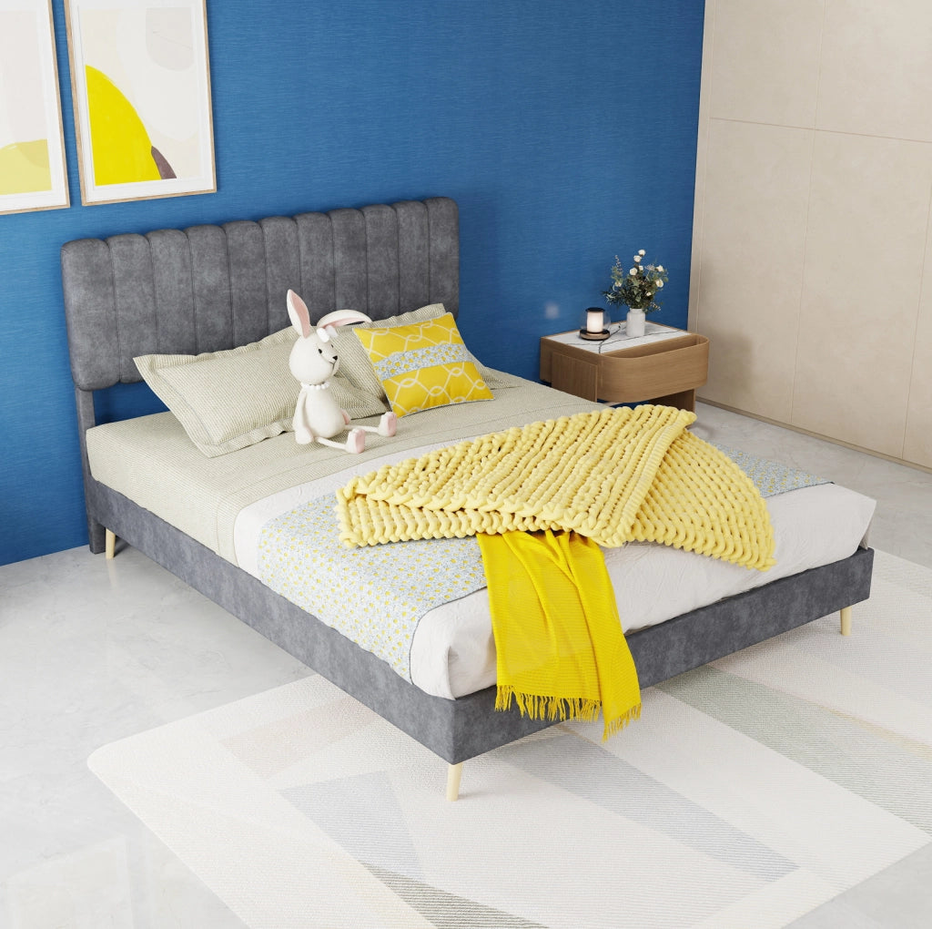 Letto imbottito 140x200 cm in tessuto e metallo; grigio