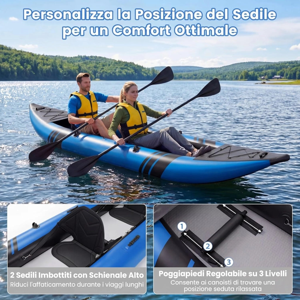 Kayak Gonfiabile 2 Posti, Kayak da Pesca Gonfiabile e Portatile 381 cm con 2 Sedili Imbottiti e Poggiapiedi Regolabili, Remi in Alluminio, Pompa a Mano, Ideale per Lago e Mare