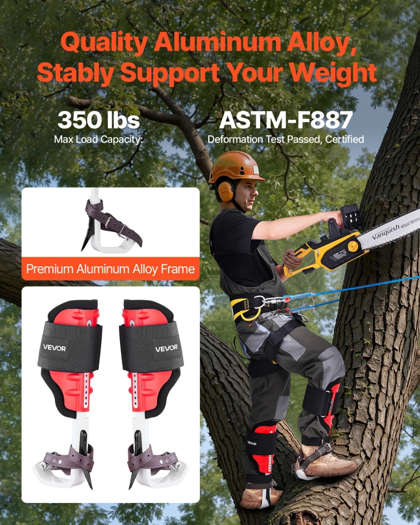 Speroni da Arrampicata su Alberi Regolabili 40-48,5 cm, Set con Imbracatura e Corda di Sicurezza, Carico 159 kg, Rosso ROPE-G-010