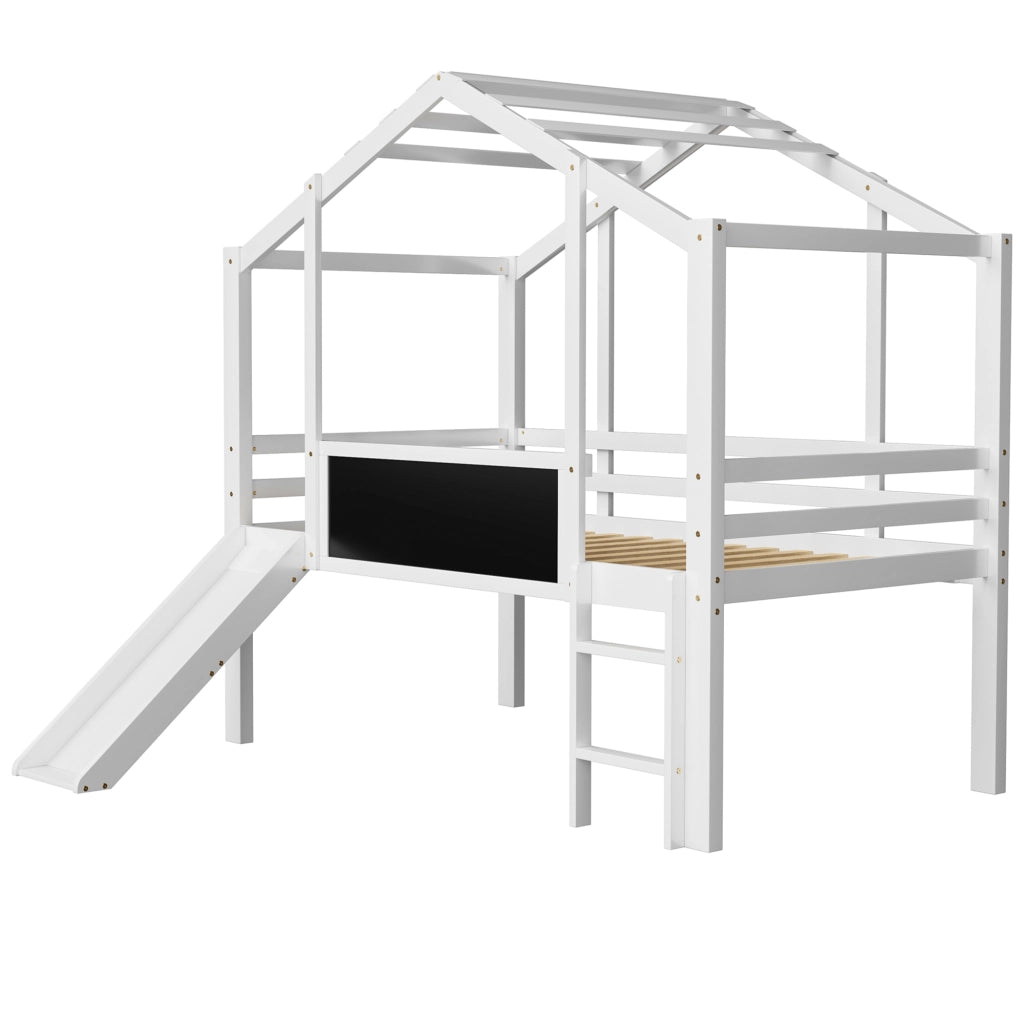 LETTO a soppalco 90 x 200 cm in legno massello bianco con scivolo e lavagna