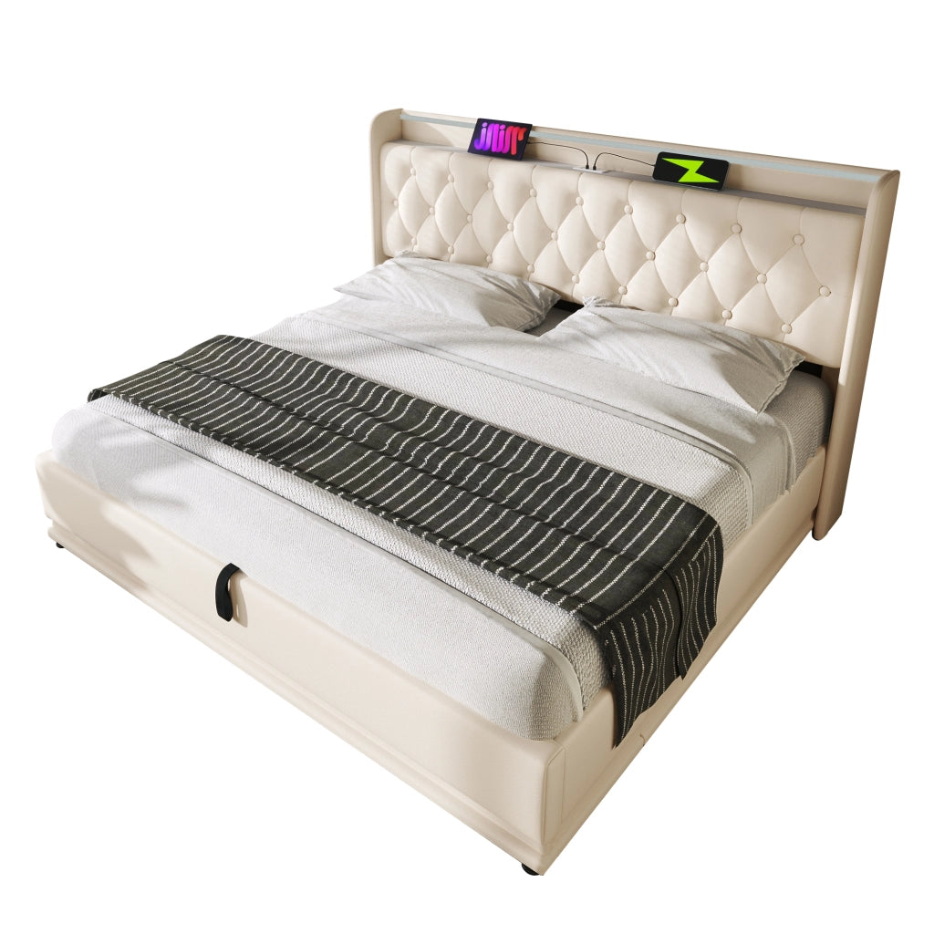 Letti contenitori 140x190 cm; LED e USB; PU; bianco (Senza materasso)