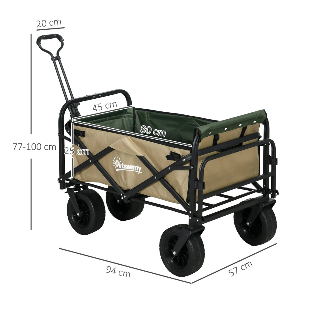 Carrello da Giardino 110L con Maniglia Telescopica e Fondo Apribile in Acciaio e Tessuto Oxford Cachi