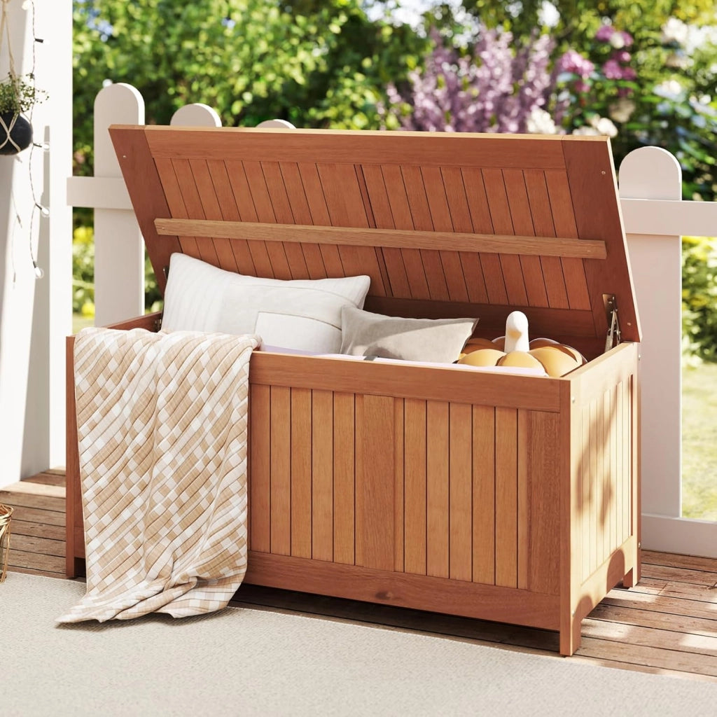 Baule da Giardino 220L, 3 in 1 Cassapanca Contenitore in Legno Massello con Coperchio Ribaltabile e Bordi Rialzati, Panca Portaoggetti per Interni e Esterni, 113,5 x 52 x 58,5 cm