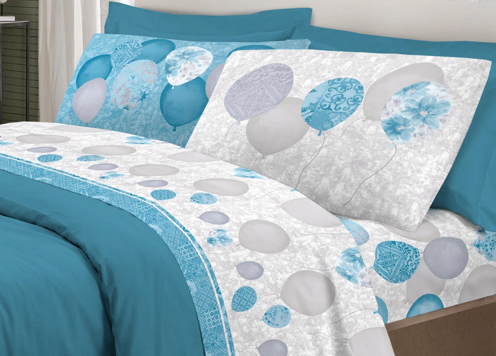 Completo Lenzuola Letto Pensieri Delicati 100% Cotone Dis. Palloncini - Singolo - Azzurro