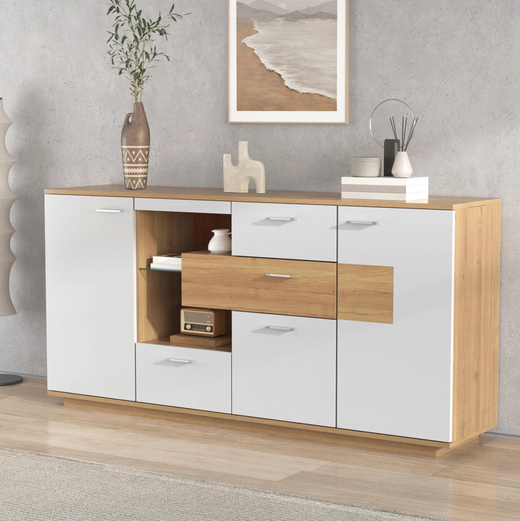 Sideboard 160x40x77 cm con illuminazione LED; 2 porte e 4 cassetti in MDF; naturale e bianco